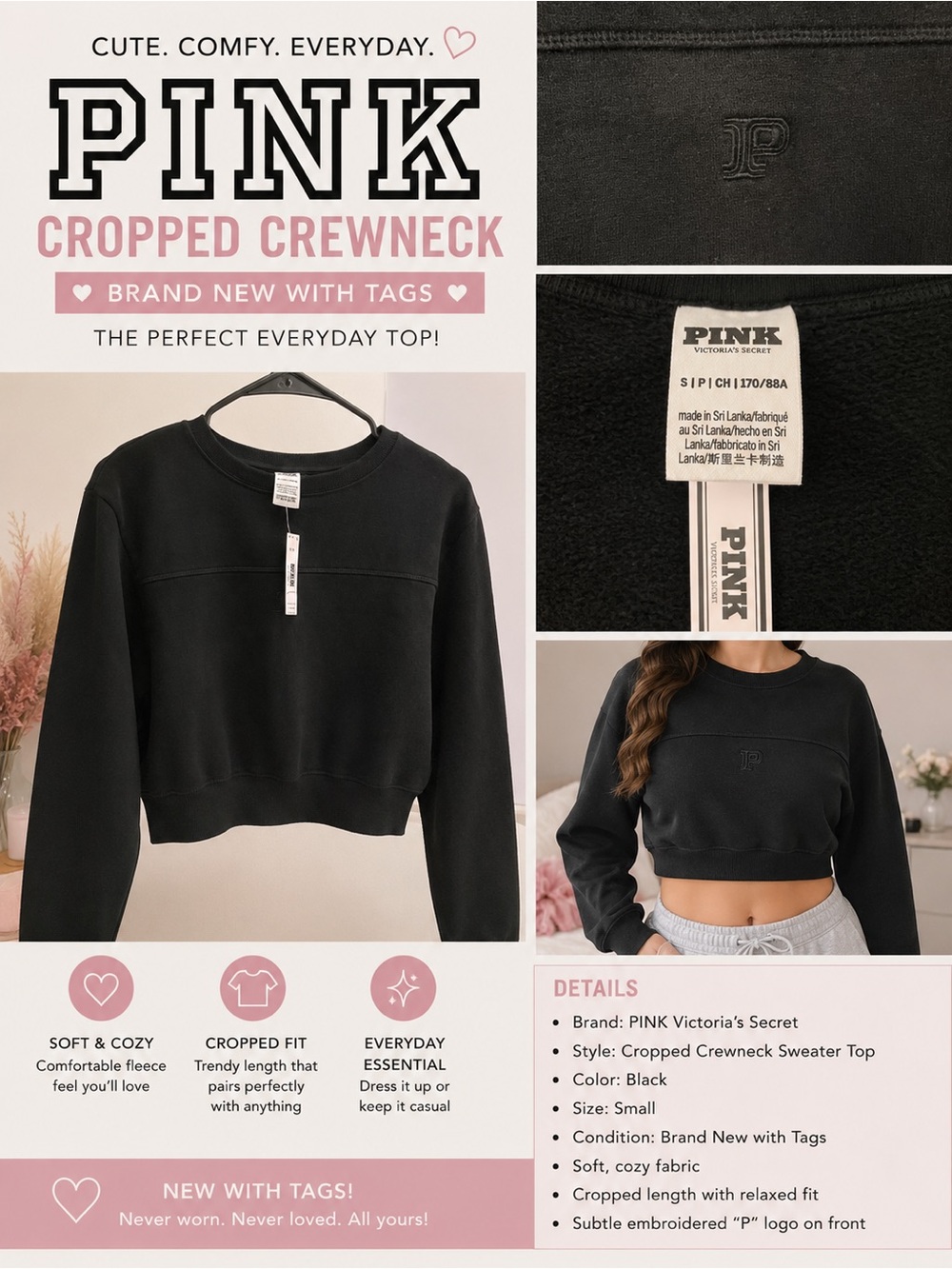 PINK Victoria's Secret Black Cropped Crewneck Sweater